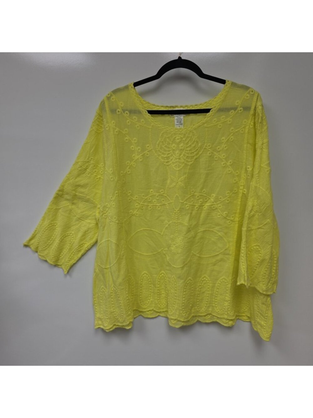 Blu Dahlia Blouse Womens 3X Yellow Embroidered Sheer Scoop Neck Tunic Top